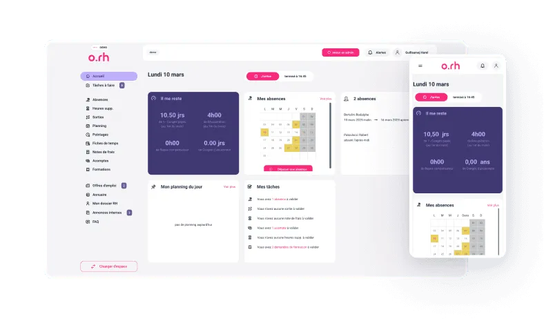 Espace employé Optimal RH sur ordinateur et sur mobile : planning du jour, tâches et absences.